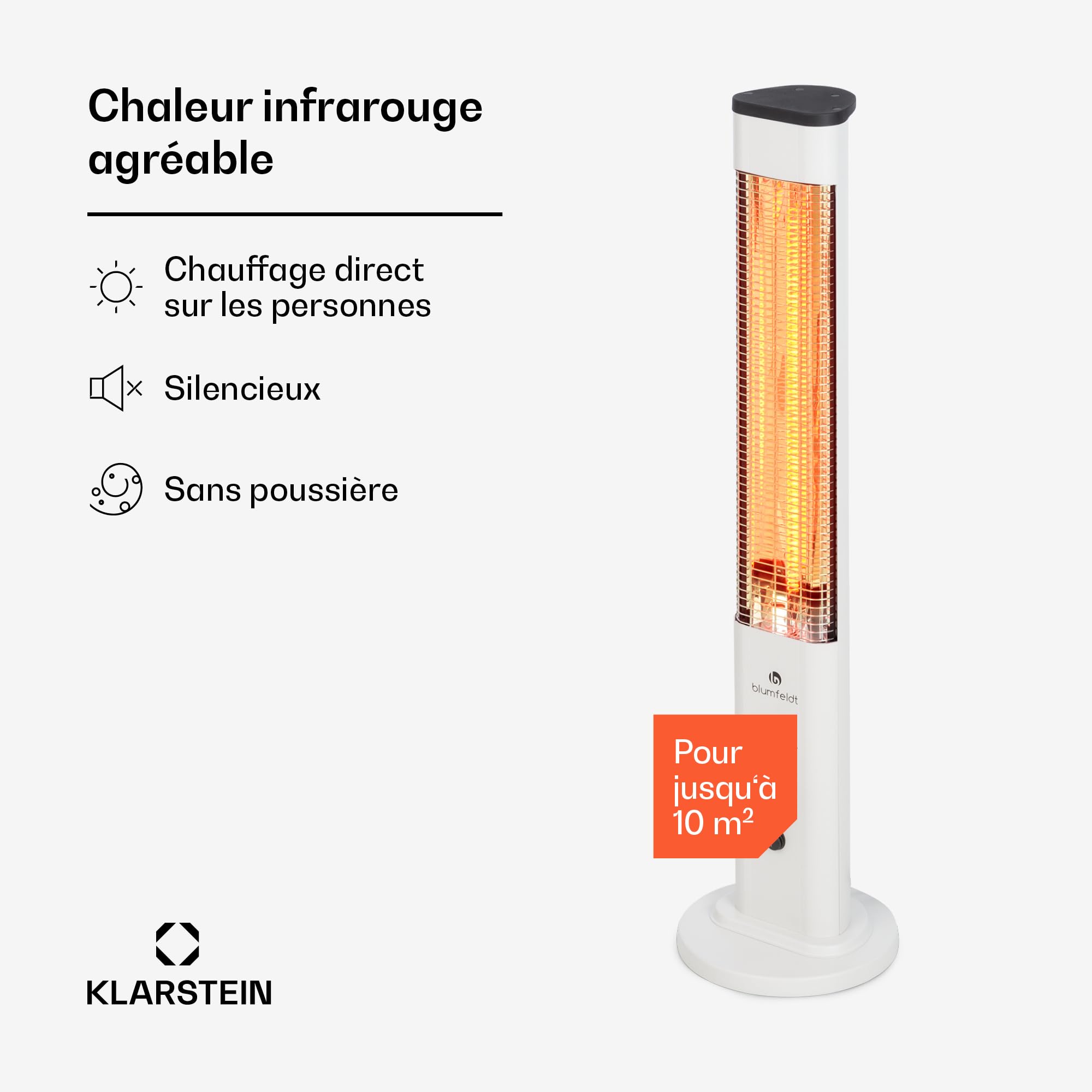 blumfeldt Heat Guru Plus - Radiateur infrarouge In & Out, chauffage d'appoint, 1200 W, minuterie 9 heures, élément chauffant en carbone, 3 niveaux, boîtier en alliage d'aluminium anodisé (Blanc)