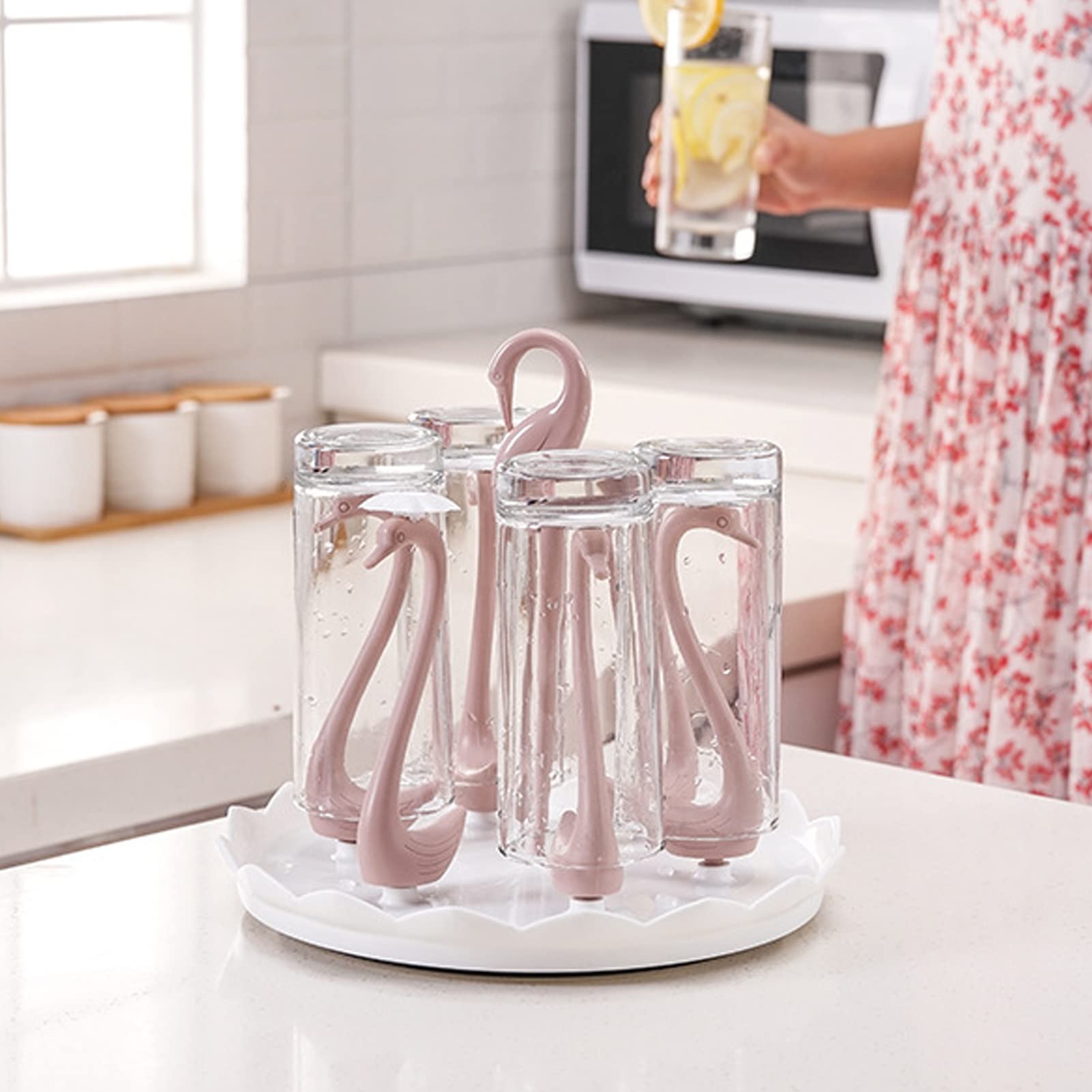 Gsycle Cup Drying Rack, Bottle Drying Rack Mug Holder Glass Drying Rack Drinking Glass Holder Swan Cup Holder with Rotating Drip Tray(Pink-6 Holders)