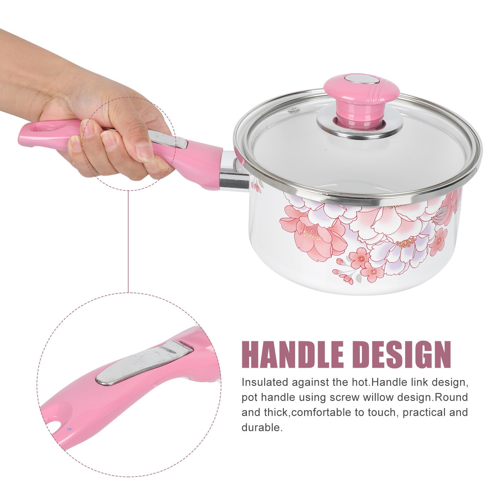 Luxshiny Dicker Emaillierter Babytopf in Rosa mit Glasdeckel Runder Kleiner Kochtopf für Küche Komfortabel zu Greifen zum Nudeln Kochen und Hühner Zubereiten