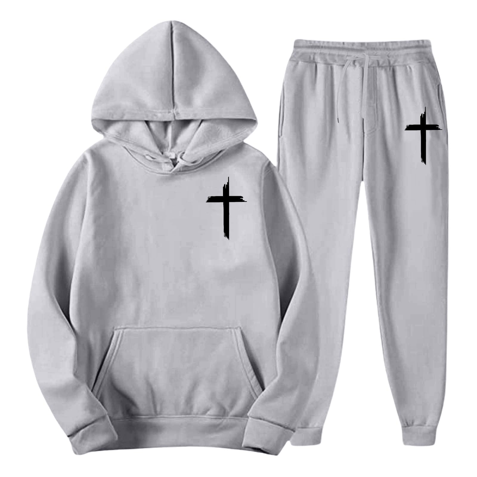 Christian, tuta da uomo, set completo di 2 pezzi, con stampa a croce, felpa con cappuccio a maniche lunghe e pantaloni da jogging