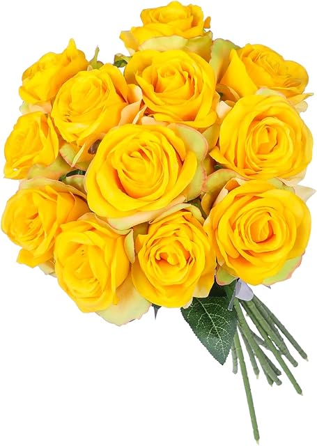Kisflower 12Pcs Roses Artificial Flowers Realistic Single Stem Flowers Silk Rose Bouquet for Wedding Party Office Home Decor (Gradient Yellow)