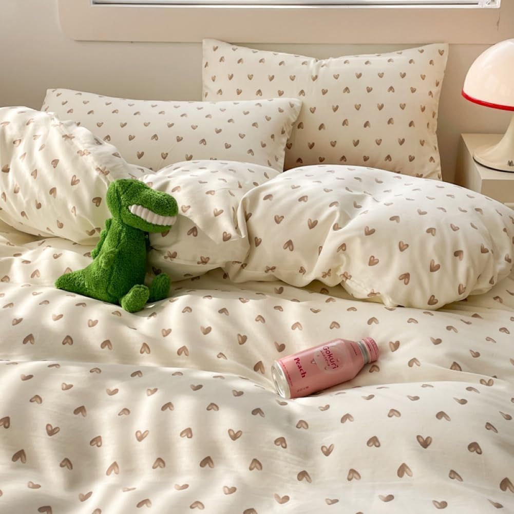 Heart Duvet Cover Queen Cute Bedding Set for Kids Teen Boys Girls Brown Love Heart Pattern on Beige Bedding Soft Breathable Microfiber Comforter Cover with 2 Pillowcases