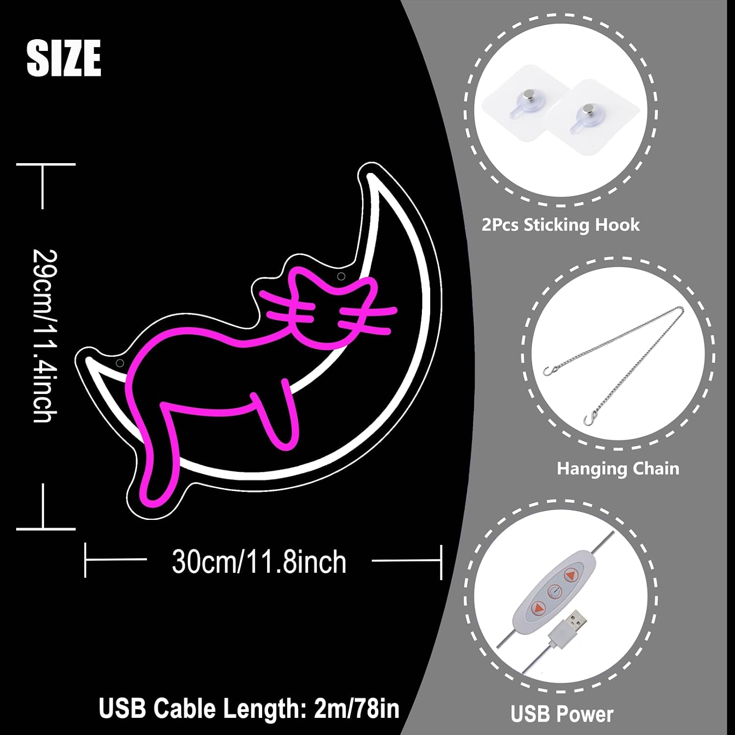 Pink Cat Moon LED Neon Sign Dreamy Night Light for Bedroom Wall Decor USB Powered Flexible Light Strip for Girl's Room, Cafe, Pet Shop, Gift for Cat Lovers (12x12inch)