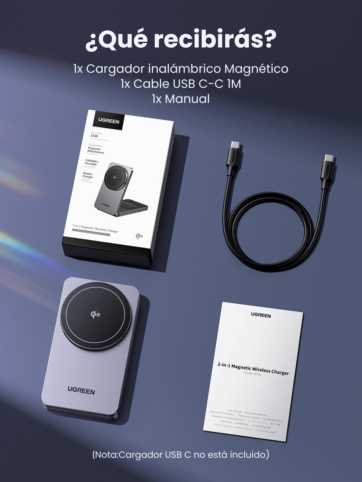 UGREEN MagFlow Qi2 15W Cargador Inalámbrico MagSafe | Compatible con iPhone 17 16 15 14 13 12 Air Plus Pro Max AirPods 4 3 Pro 3 2 1, Estación de Carga Magnética 2 en 1