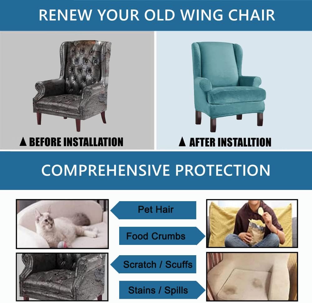 Aedlcal Wingback Chair Slipcovers 2 Piece Stretch Velvet Wingback Chair Cover with Cushion Cover Spandex Wing Chair Slipcover Full Protection Armchair Sofa Covers for Living Room Bedroom (Blue)