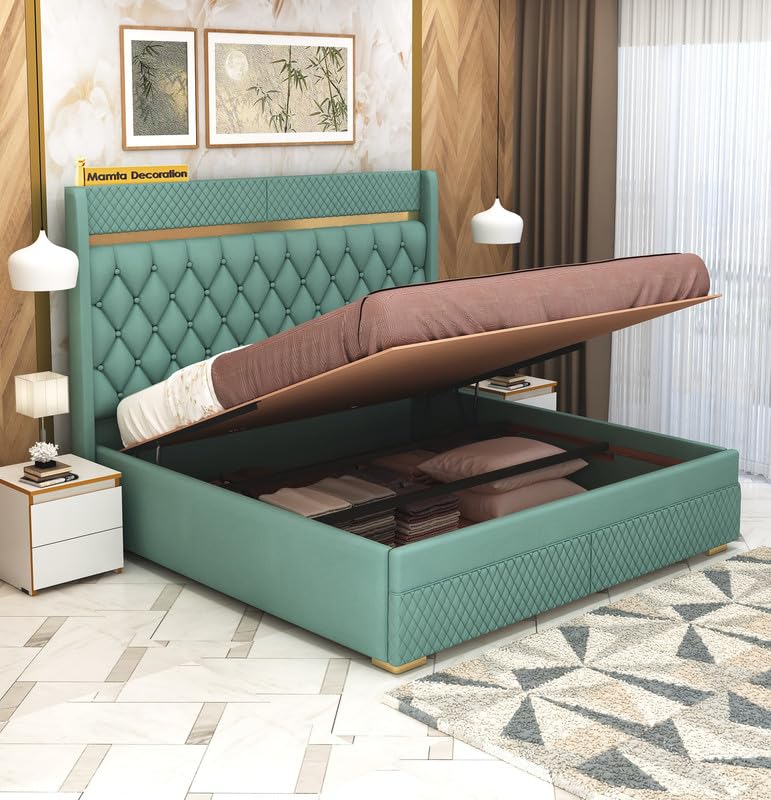 Image of MAMTA DECORATION Solid Wood King Size Bed with Hydraulic Box Storage | Premium Velvet Upholstered Tufted Headboard Double Bed | Wooden Cot Bed for Bedroom, Home, Hotel & Guest Room | Greendust Finish