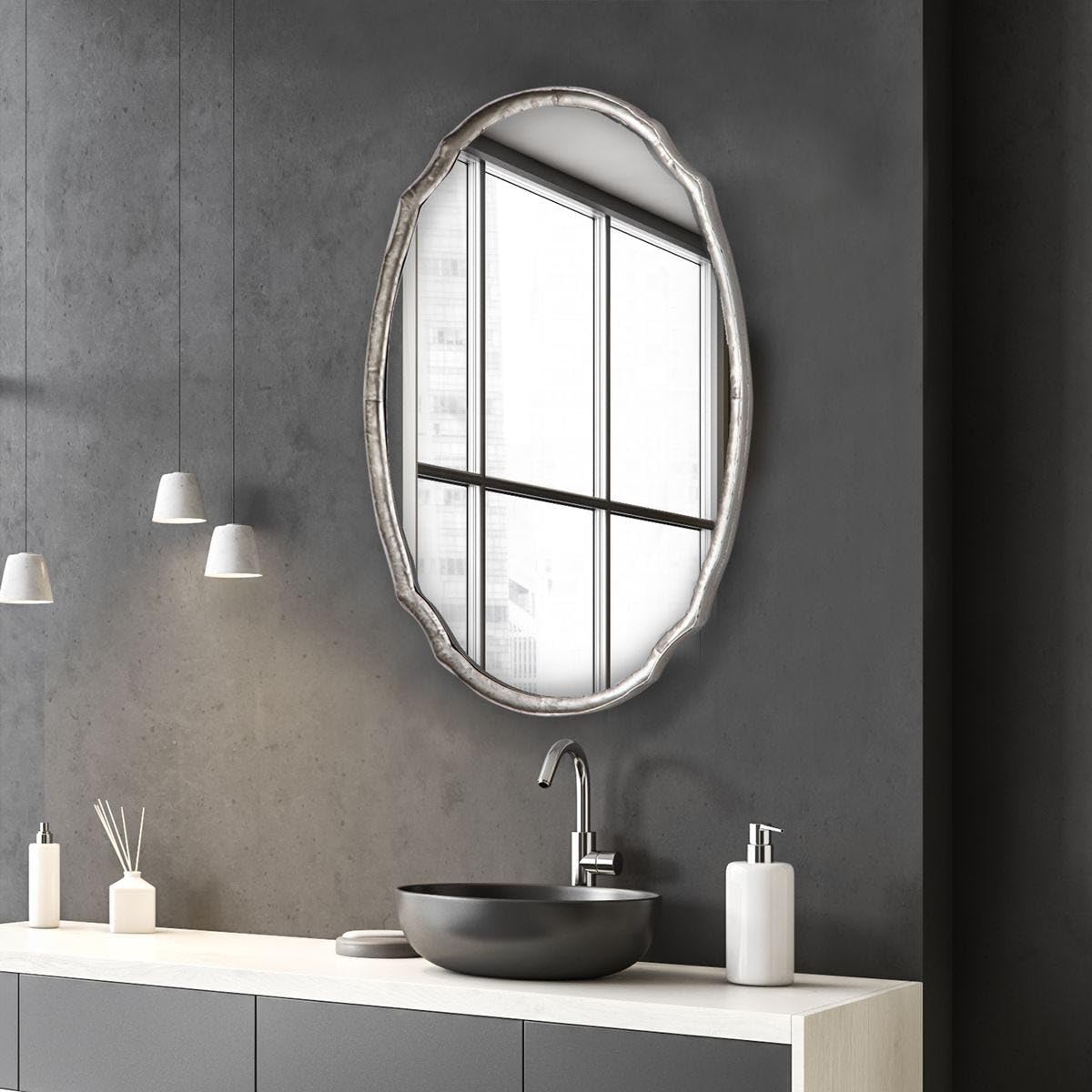 Moss + Fig Midora Antique Silver Mirror | Modern Oval Hammered Iron Frame Bathroom Vanity Mirror Mounted Vertical or Horizontal (24 in. W x 36 in. H x 2 in. D)