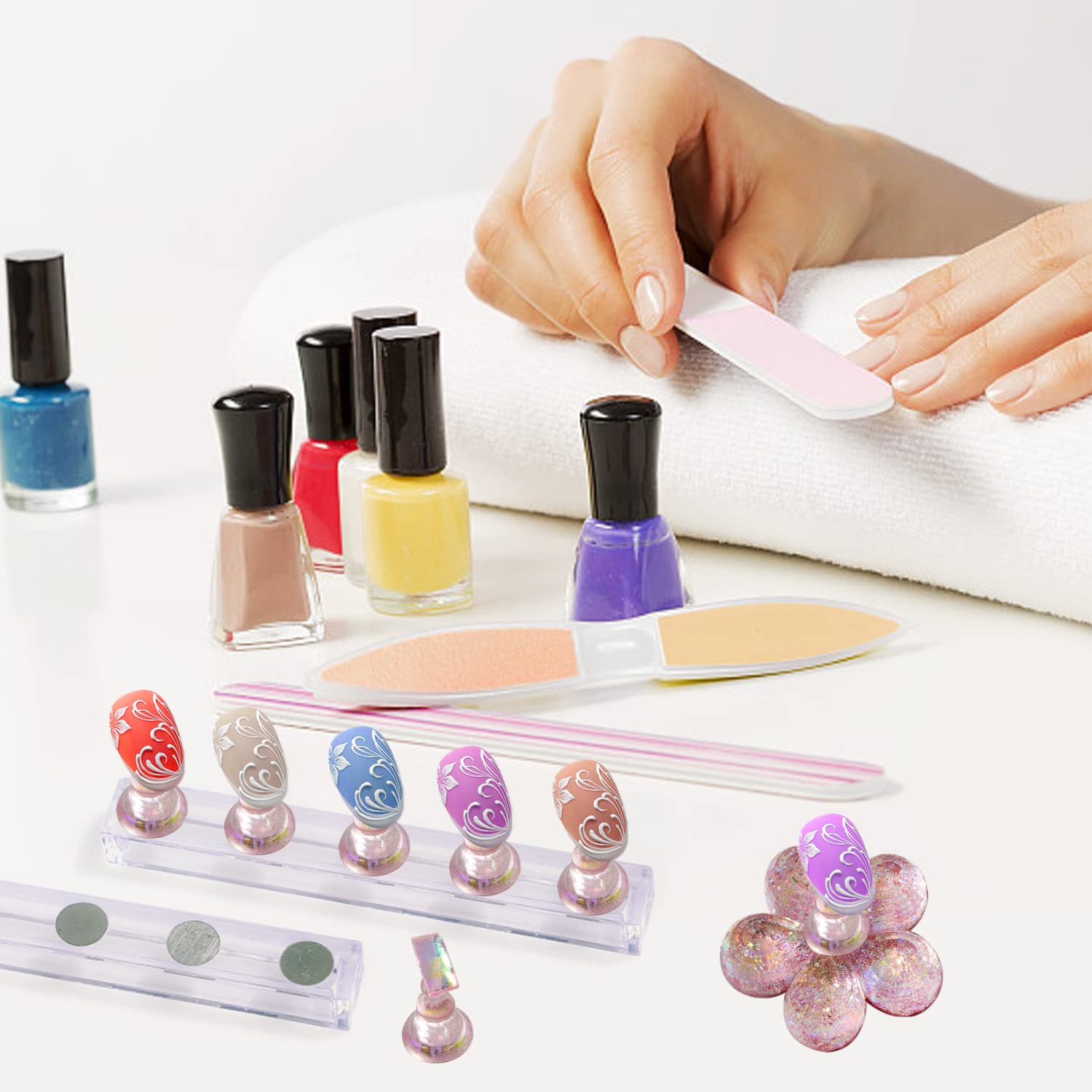 10 pièces de support d'art d'ongle magnétique rose, support de peinture d'ongle, présentoir d'art d'ongle, outil de pratique de faux ongles, avec 3 bases, 16 morceaux d'adhésif