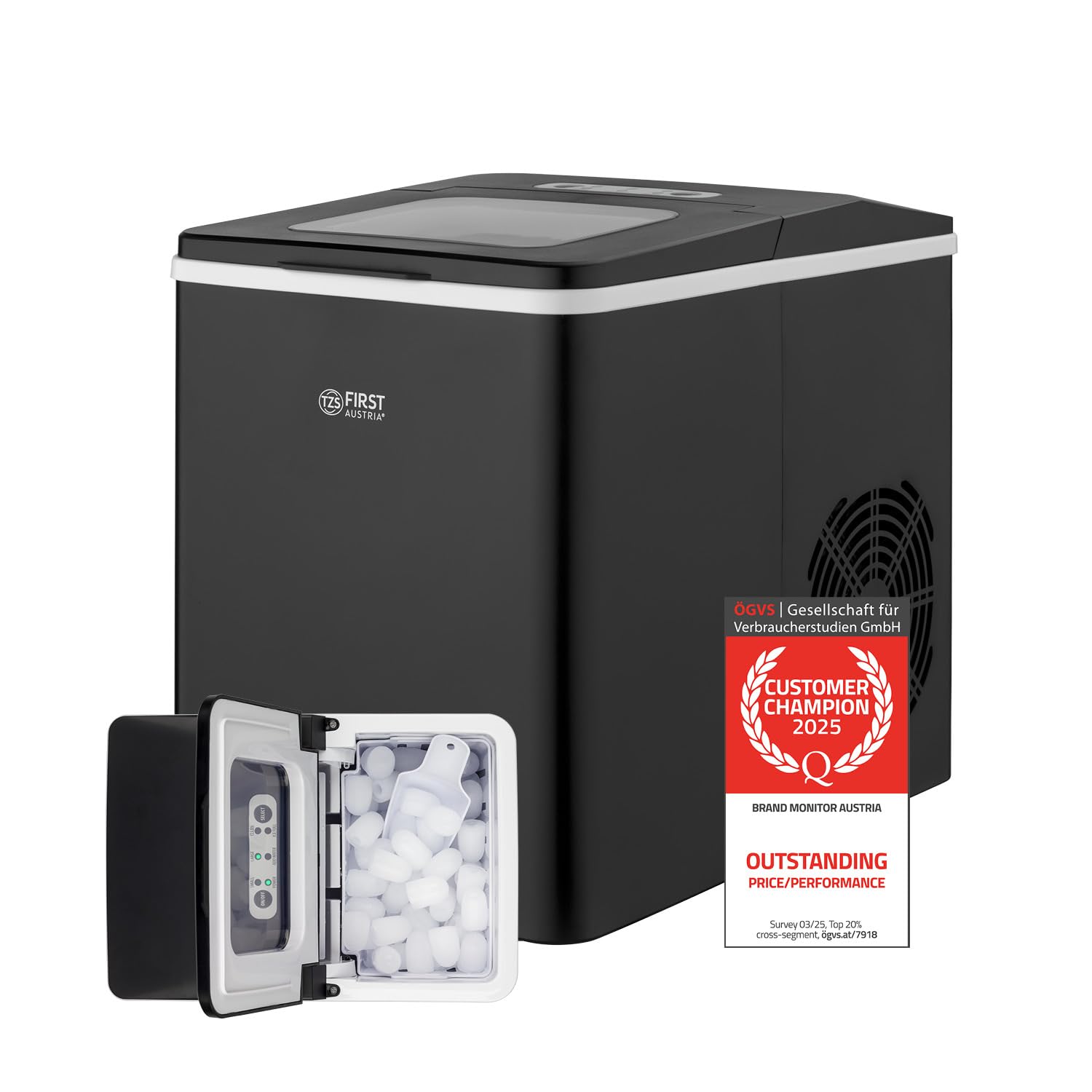 TZS First Austria - Macchina del Ghiaccio 1,8L - 150W con Compressore - 9 Cubetti di Ghiaccio pronto in 7-9 Minuti - 2 Dimensioni (S/L) - 12 kg/giorno - Produttore di Ghiaccio Portatile - Nero