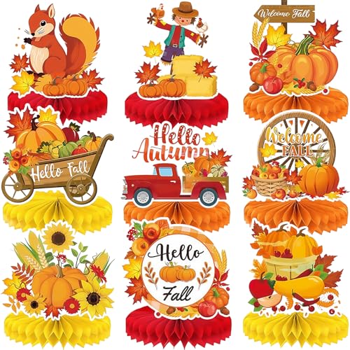 Thanksgiving Party Decorations – 9 Pieces of Thanksgiving Honeycomb Table Centerpieces, Thanksgiving centerpieces for Dinner Table and Autumn Celebrations (Gold)
