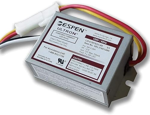 Miniatura 2 de VEL3700120H, LD-C307033-09 Espen LED Driver, corriente constante, entrada 120V, 3 x 3W LED, 12 V máximo, 700 mA, 3 pulgadas de largo x 1.75 pulgadas