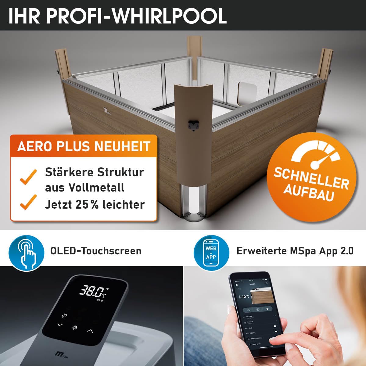 BRAST Whirlpool MSpa Amber Aero Plus mit Fester Außenwand | 180x180x65cm für 6 Personen | 140 Massagedüsen | LED-Beleuchtung in 20 Farben | Ganzjähriger Einsatz Winterfest | In & Outdoor Pool