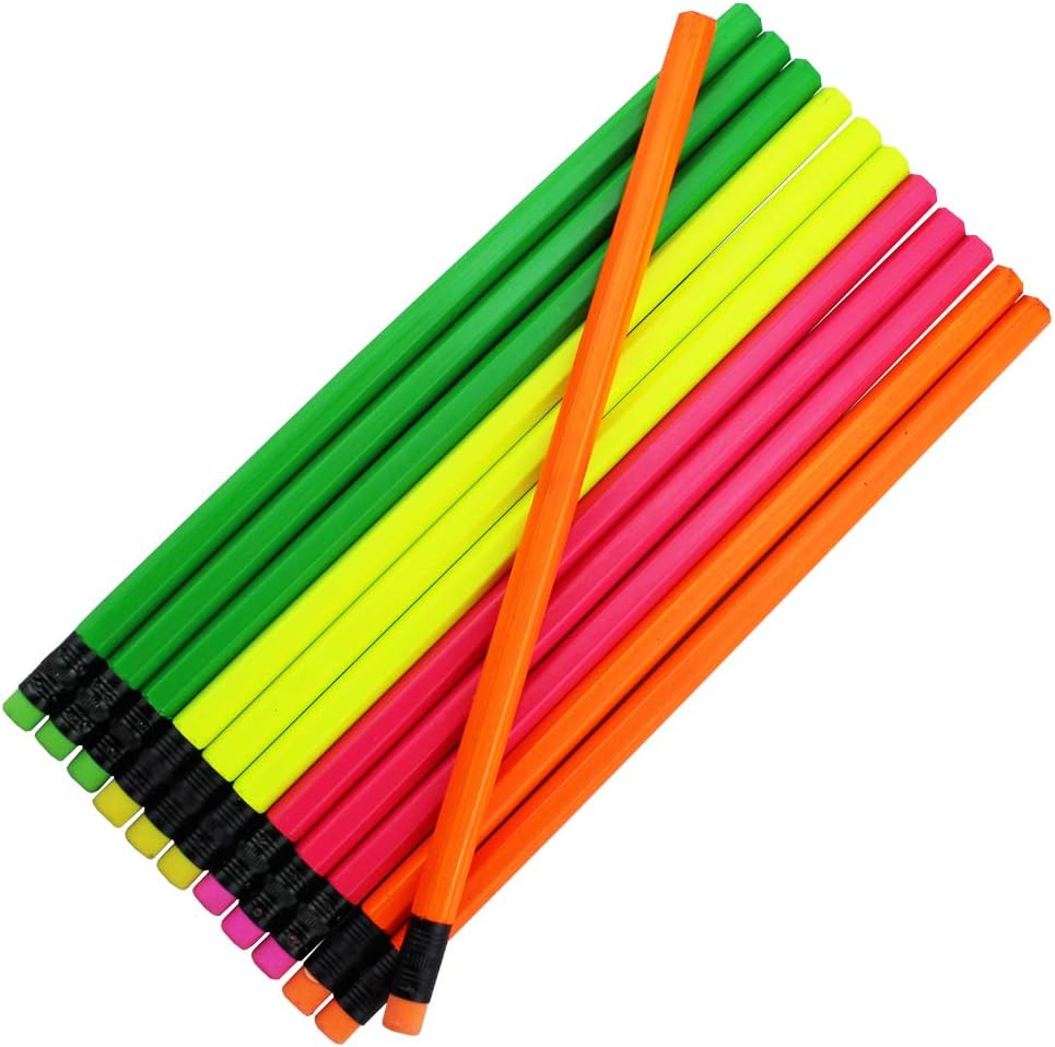 EZPENCILS & GIFTS Blank Pencils Bulk – Hexagon Pencils – Neon Assorted Barrel and Eraser – Package of 10 - Non-Personalized - 2HB Black Lead - School - Office - Blanks - Non-smear eraser
