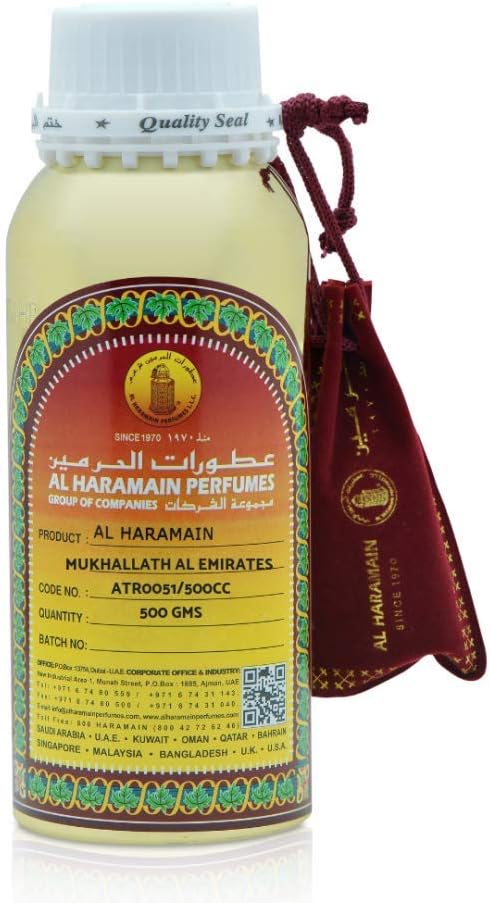 Mukhallath Emirates 500cc (16.9oz) – Non-Alcoholic Perfume Oil | Long-Lasting Oriental Attar with Oudh, Amber, Rose & Saffron | Sophisticated Fragrance for Men & Women