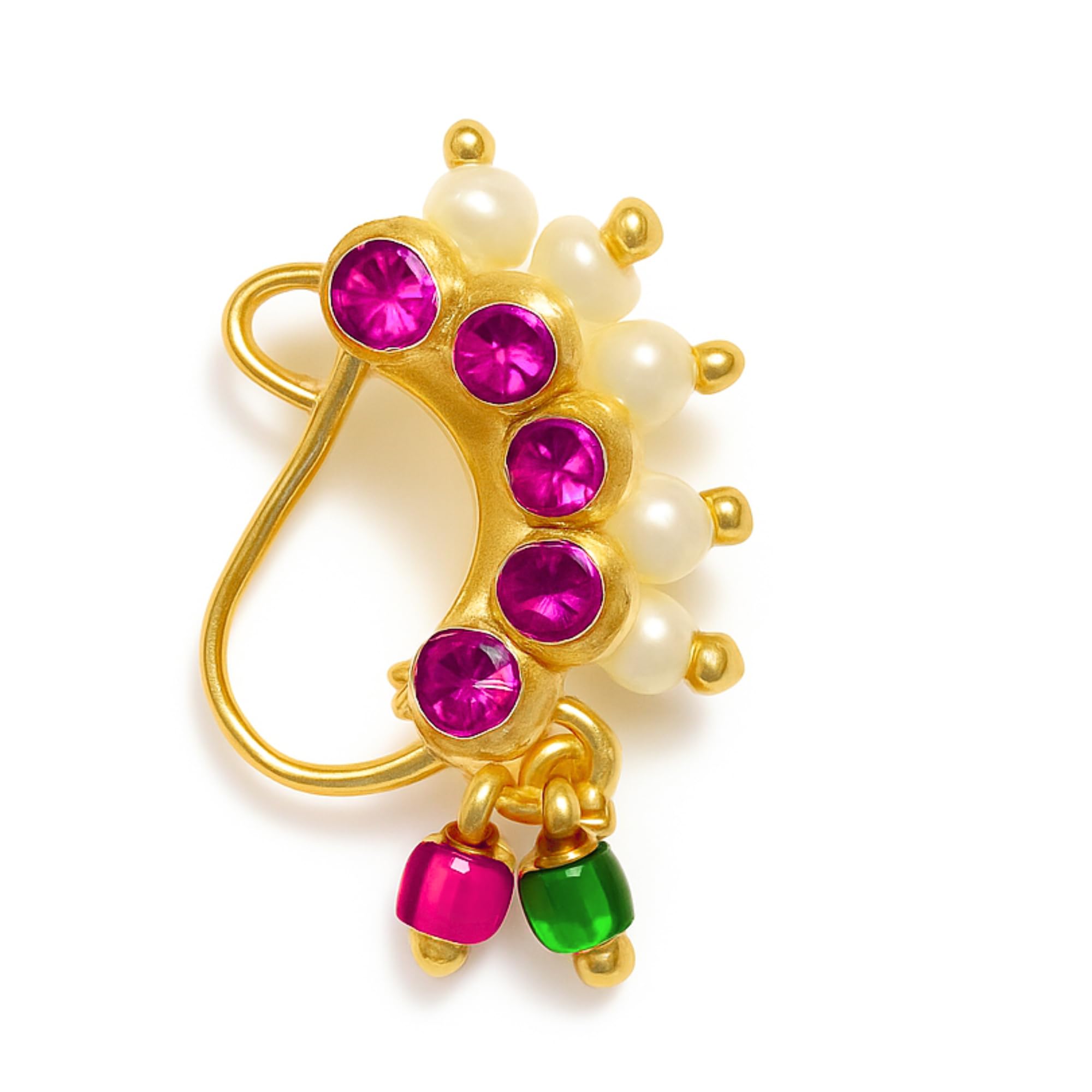 Traditional Maharashtrian Marathi Nath Without Piercing for Women Bridal Kids Girls Non Piercing Press Nose Pin Clip On Pink Crystal Stone Nathni Pressing