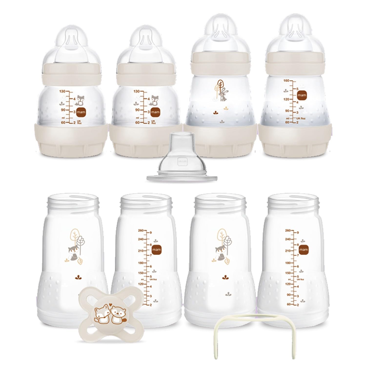 MAM, Set Recién Nacido, Set Regalo: 2 Biberones Anticólico de 130ml, 2 Biberones Anticólico de 160ml, 4 Cuerpos de Biberón 260ml, 1 Chupete Original, 1 Asas, 1 Boquilla, a partir de 0 meses, Neutro