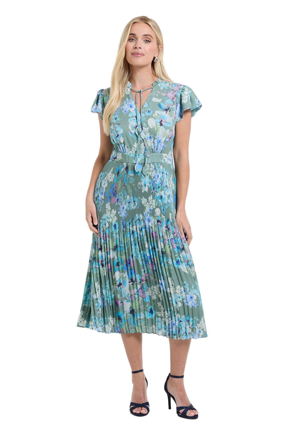 Wallis Women's Green Petite Floral Ruffle Neck Pleated Midi Dress In | : Size 12