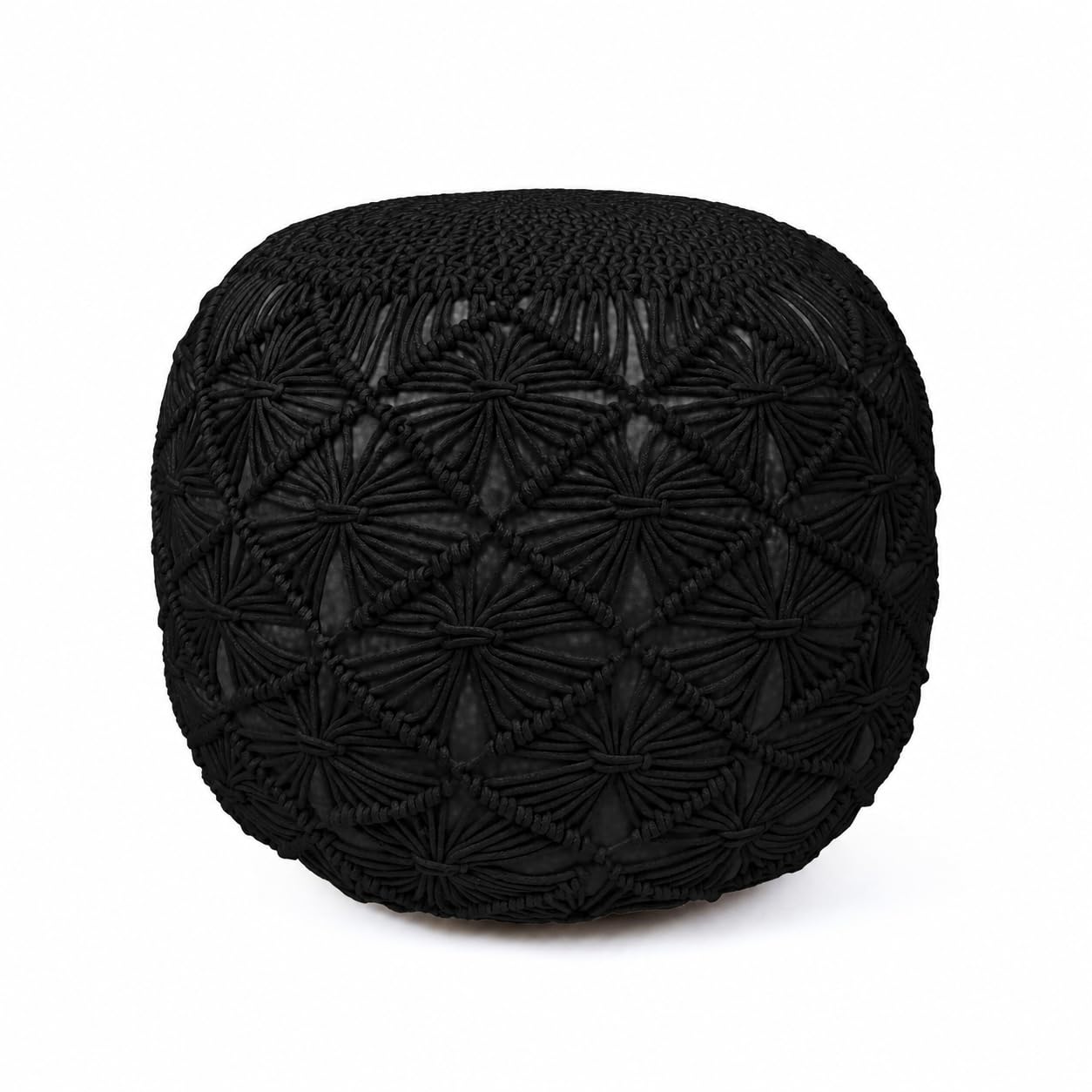 Cotton Macrame Pouf Ottoman 20x20x14 Black Handwoven Dori Footrest Stool