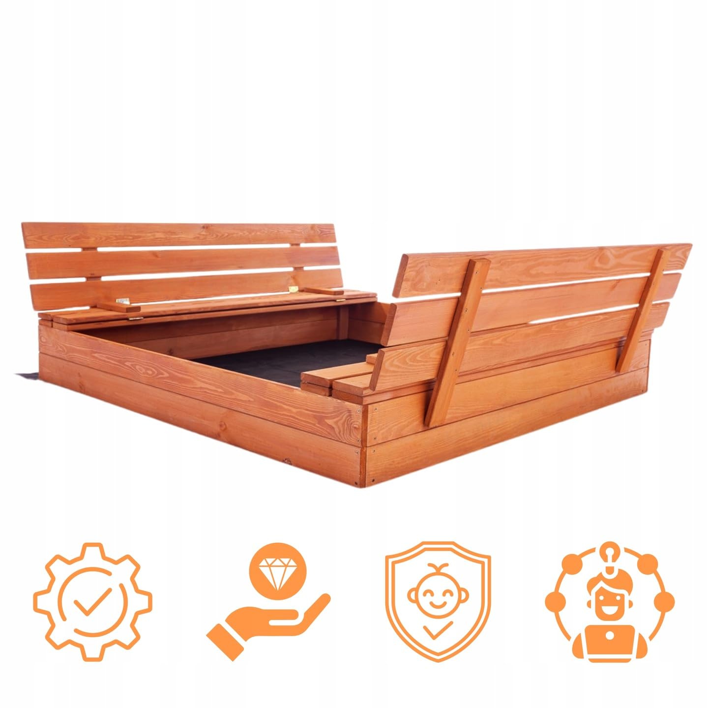 Premium Sandkasten 140x140 cm Imprägniert inkl. Video Anleitung für Montage Sandbox mit Abdeckung Sitzbänken Deckel Plane Sandkiste, Holz Sandkastenvlies XXL