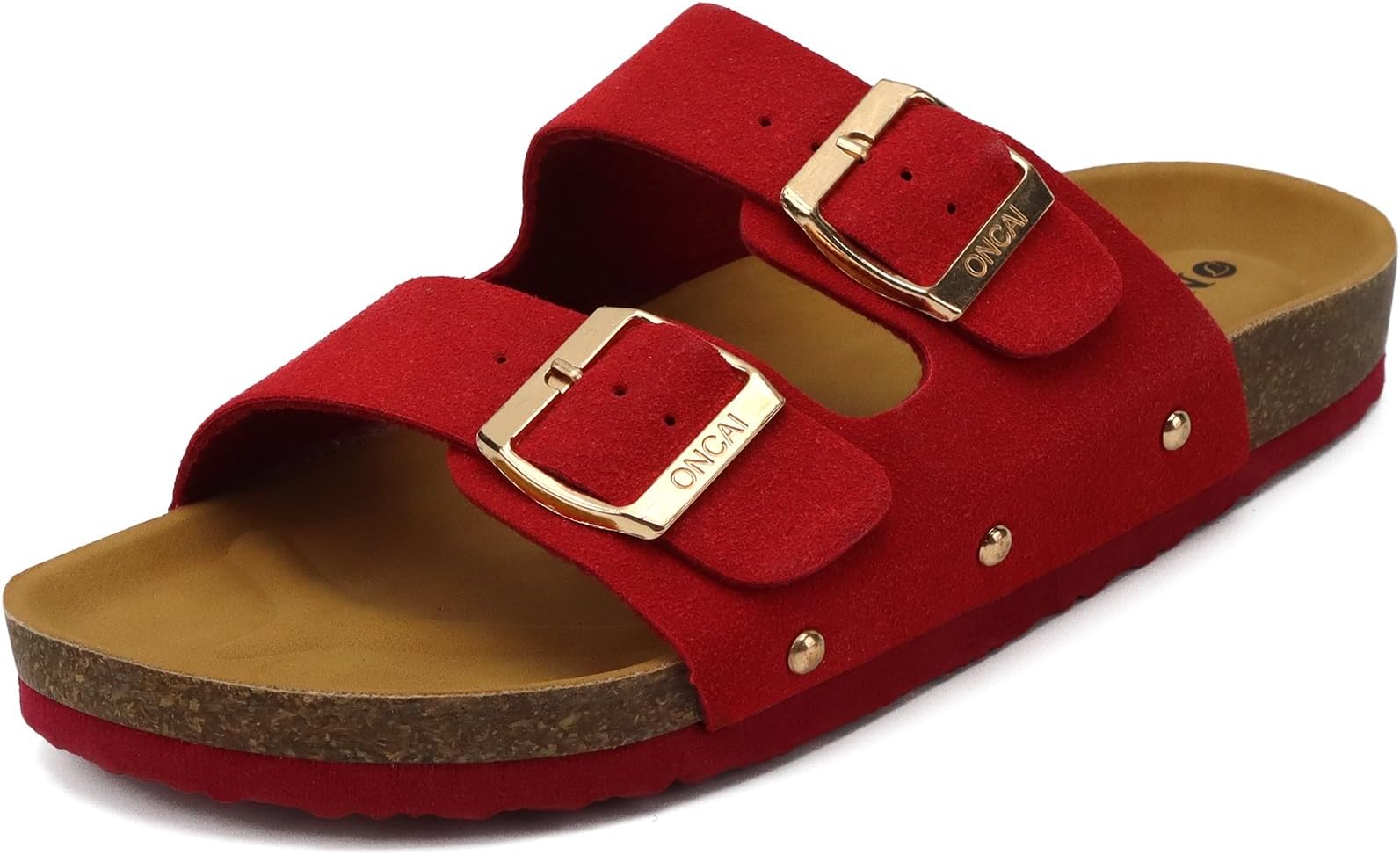 Womens Flat Slide Sandals with Arch Support 2 Strap Adjustable Buckle Slip on Slides Shoes Non Slip Rubber Sole