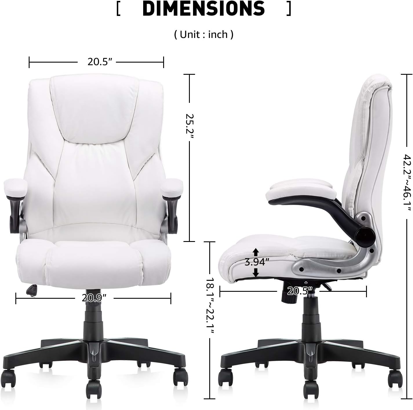 B2C2B High Back Ergonomic Home Office Chair White Leather Computer Executive Desk Chair Modern Racing Chair Adjustable with Flip-up Arms Lumbar Support 280lbs