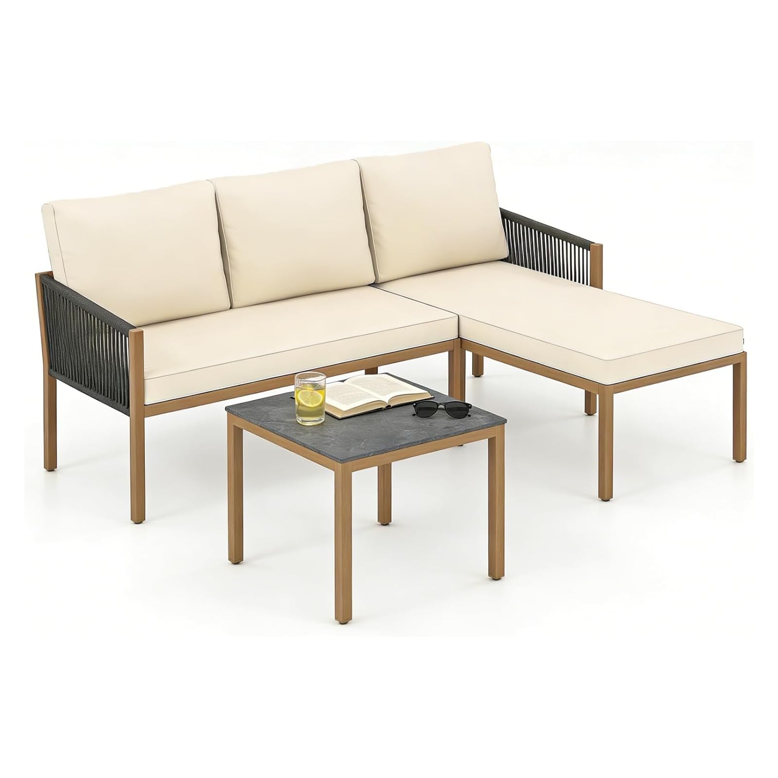 LIFEZEAL Salottino da Gardino Esterno 3 Pezzi, Set di Mobili con Divano Angolare, Tavolino da Caffè e Comodi Cuscini, per 3/4 Persone, per Terrazzo, Patio e Bordo Piscina (Beige)