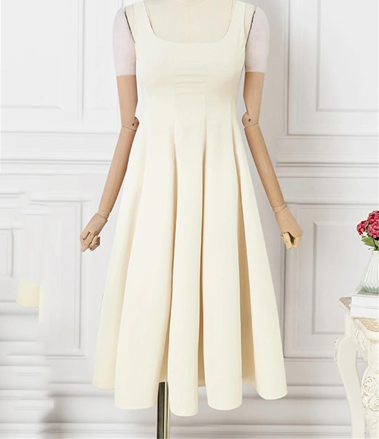 Abito da donna senza maniche vintage tinta unita A-Line abiti estivi con vita abito casual con colletto quadrato abito midi