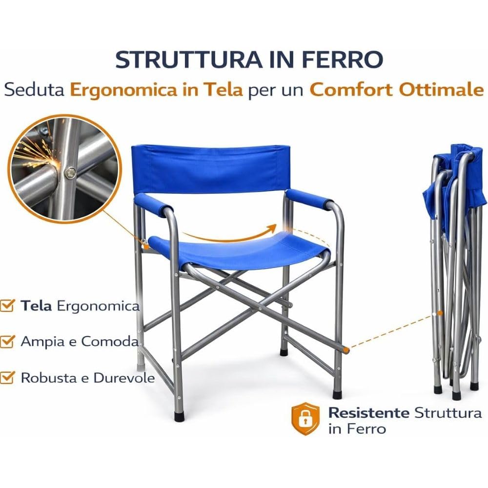 Set 2 Sedie Regista Pieghevoli 57x46x80 cm – Sedie da Campeggio con Struttura in Ferro e Tessuto Oxford Resistente – Sedie Outdoor Compatte e Maneggevoli per Giardino, Spiaggia, Terrazzo