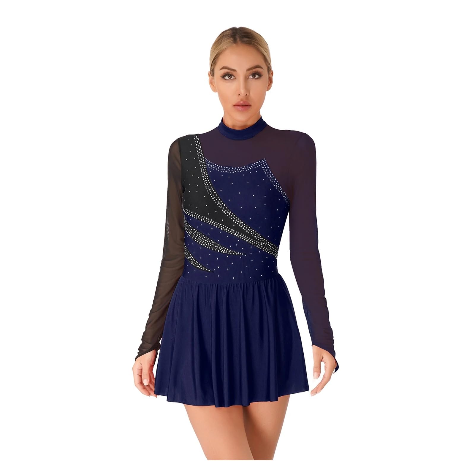 Damen Eiskunstlaufkleider Performance Strass Ballett Tanz Trikot Kleid Transparentes Netz Langarm Eislaufen Kostüme FüR MäDchen Und Damen
