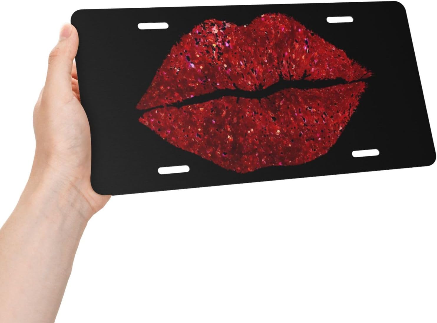 Red Glitter Lips Front License Plate Aluminum Decorative License Plates Funny Metal Car Plate Novelty Vanity Tag Cover 6"X12" Car Decor Accessory with 4 Holes for Men Women