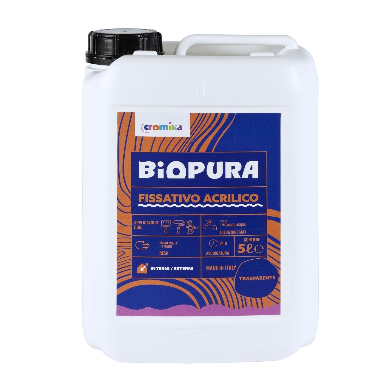 Cromika BIOPURA Fissativo Acrilico Trasparente per Interni ed Esterni, Isolante ad Acqua per Muri Made in Italy (Trasparente, Litri 5)