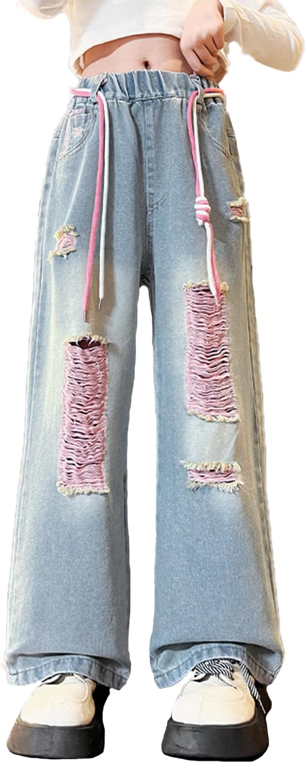 NABER Kids Girls Elastic Waist Cool Ripped Jeans Washed Denim Wide Leg Ripped Denim Jean Age 5-15 Years