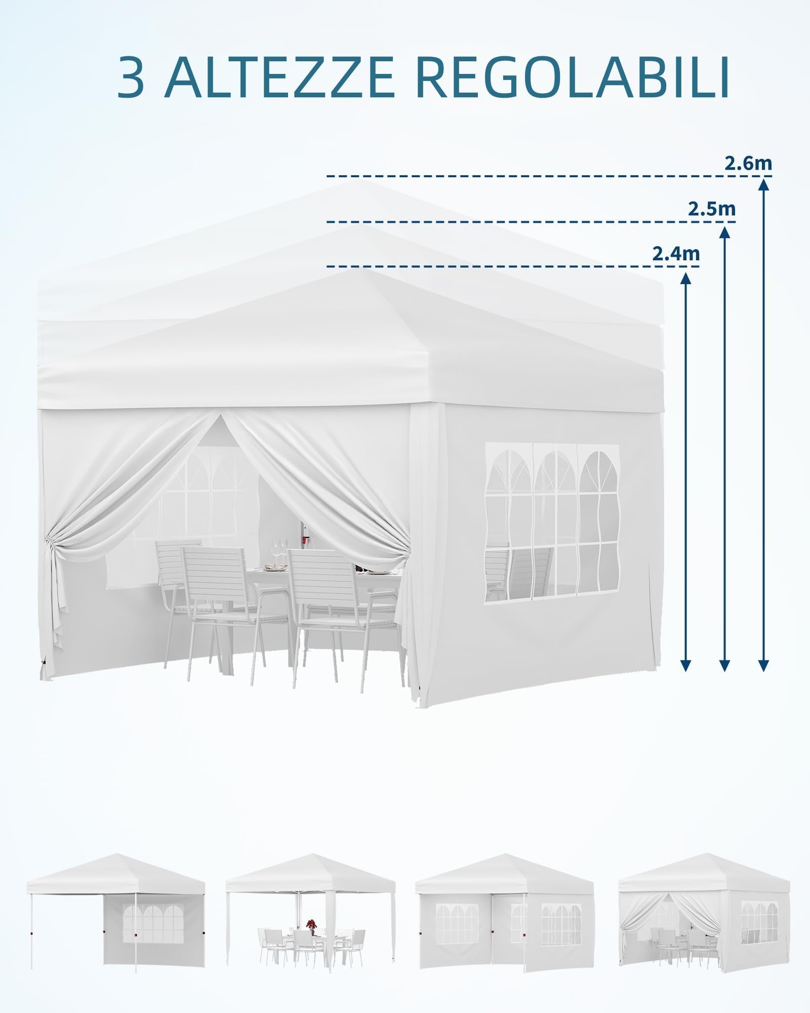 Faltpavillon 3x3m Wasserdicht Stabil,Pop Up Pavillon mit 4 Seitenwände,Weiß | Höhenverstellbar,Abnehmbaren Seitenteilen,UV50+ Sonnenschutz Faltzelt,für Garten,Terrasse,Markt und Party