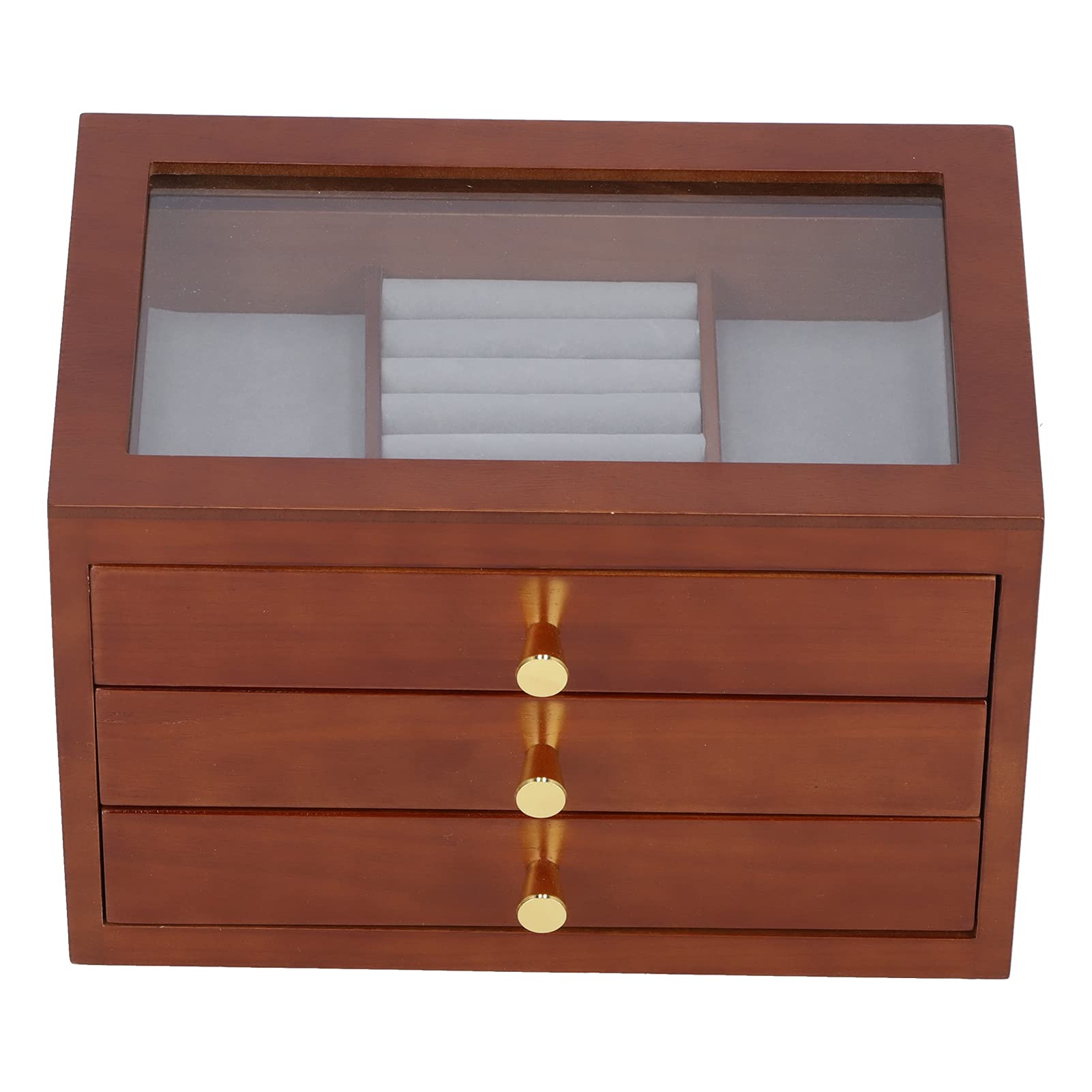 Pudełko na biżuterię Drewniane Pudełko na biżuterię ze szklaną pokrywką 3-warstwowy Organizer 30 X 20 X 19 Cm 3 Szuflady Pierścionki Bransoletki Naszyjniki Komodzie Vanity Store Display