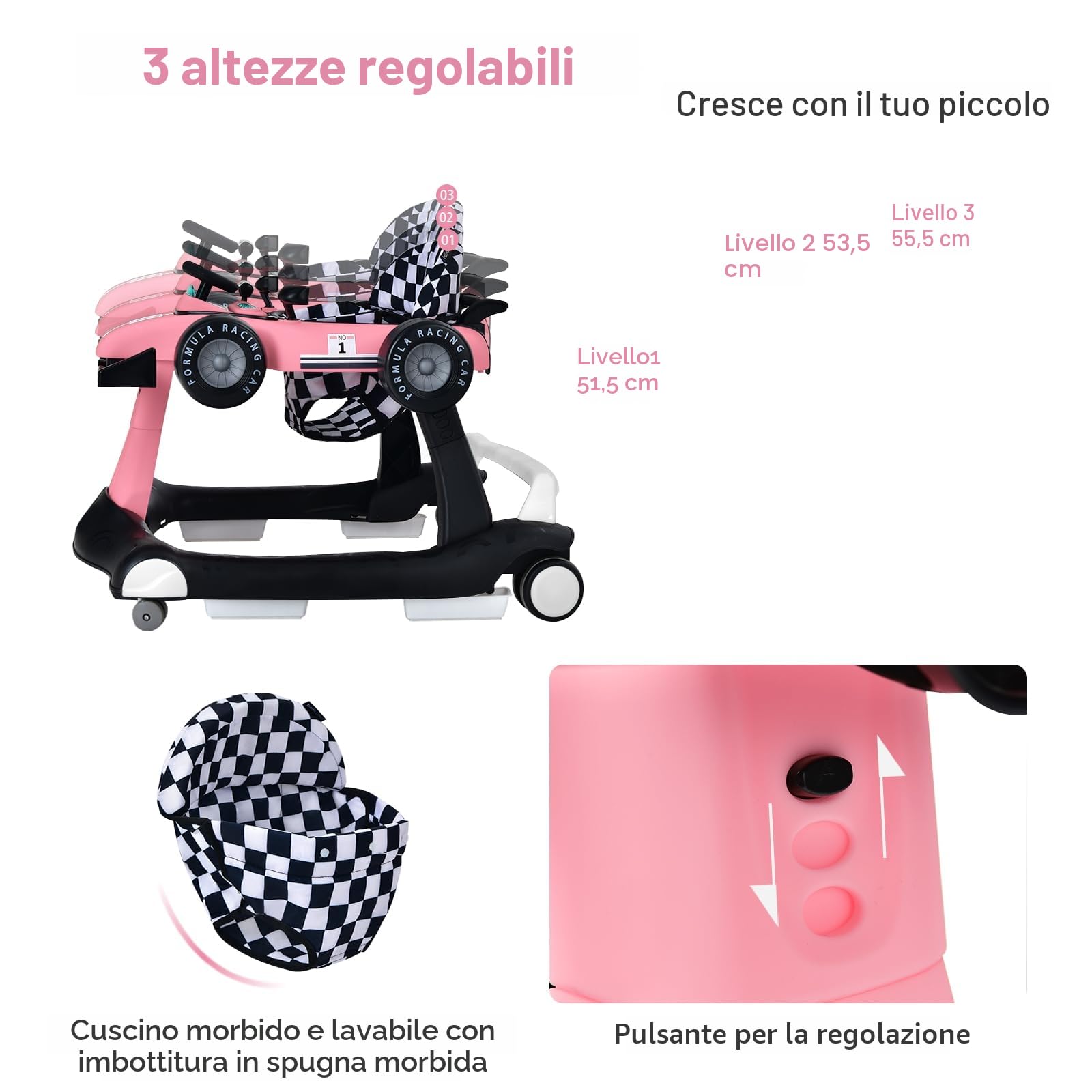 LIFEZEAL Girello Neonato 6-18 Mesi, 4 in 1, Girello per Bambini 6-18 Mesi, Baby Walker Pieghevole, con Altezza e Velocità di Ruote Regolabili, Primi Passi, con Luce e Musica, Portata 15 kg, Rosa