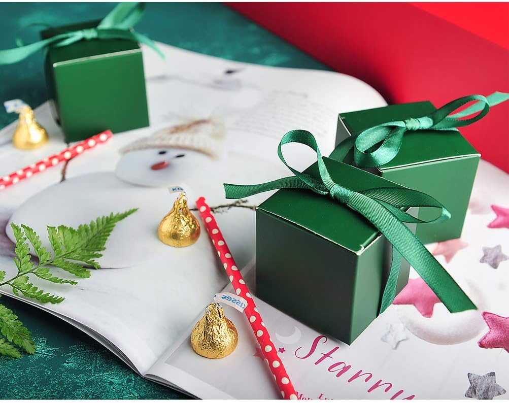 AWELL Dark Green Gift Candy Box Bulk 2x2x2 inches with Green Ribbon Party Favor Box,Pack of 50 - Image 2
