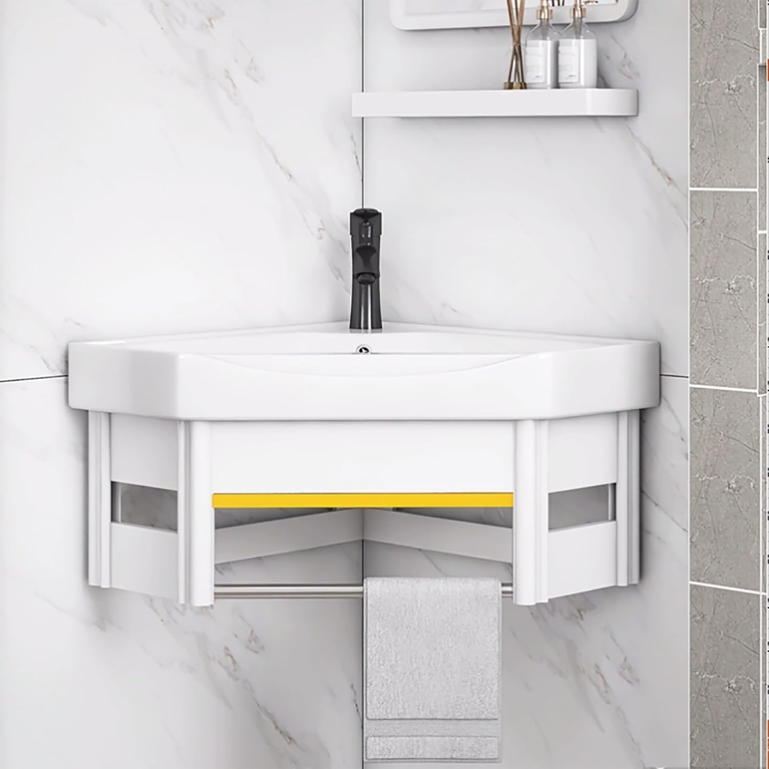 Small Corner Wall Mount Bathroom Sink with Tower Hanger White Ceramic Mini Vessel Sink with Overflow Bathroom Corner Hand Basin Sink Wall Mount Utility Sink Vanity Cabinet Sin，One Color 18.9in/47cm