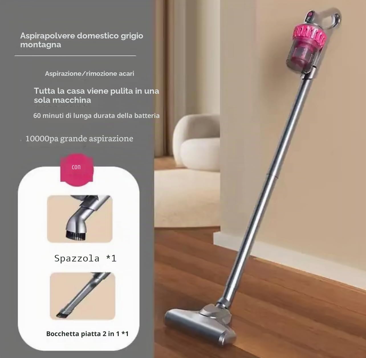 Generico Aspirapolvere Senza Fili 2-in-1 con Aspirabriciole Portatile, Scopa Elettrica Ricaricabile Potente e Leggera, Grigio e Rosa