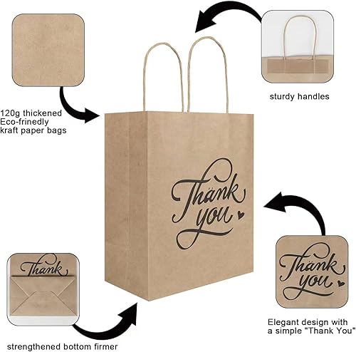 Miniatura 4 de bagmad Paquete de 100 bolsas de regalo de papel marrón medio de 8 x 4.75 x 10 pulgadas con asas a granel, bolsas de papel kraft de agradecimiento