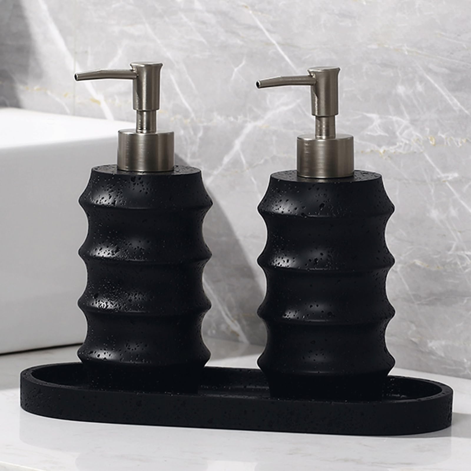 Distributeur de savon liquide en grès avec 2 distributeurs et 1 plateau – Distributeur de lotion et de savon pour les mains et la vaisselle pour cuisine, salle de bain, comptoir de décoration