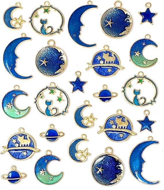 PSKIESAssorted Gold Plated Enamel Cat Moon Star Celestial Charm Pendant DIY for Earrings Necklace Bracelet Jewelry Making and Crafting