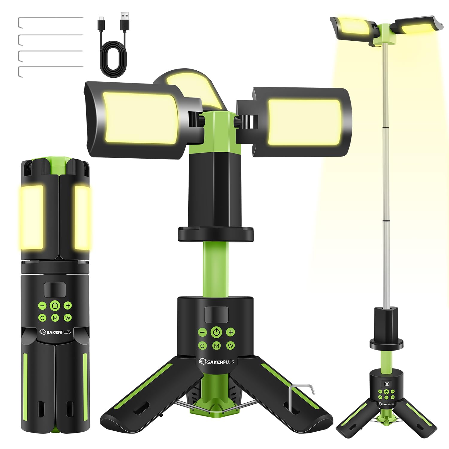 SakerPlus Telescopic Camping Lights with Stand, 5000LM Rechargeable LED Flashlight, 9 Color Modes, Collapsible Tent Lantern with Reflective Strips, Magnetic Base for Power Outages, Camping & Emergency