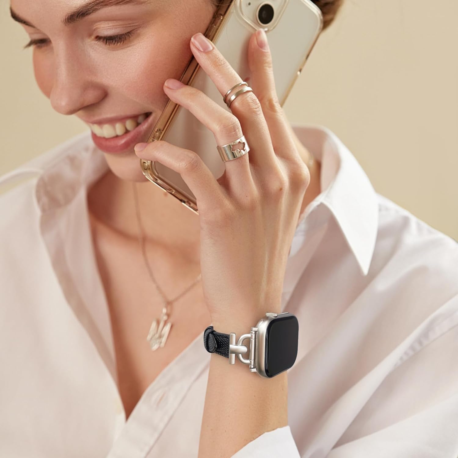 Leather Band Compatible with Apple Watch Bands for Women, Dressy Fancy Strap for iWatch Series 11/10/9/8/7/6/5/4/3/2/1/se(38mm 40mm 41mm 42mm,Lizard Black/Starlight) - Image 3