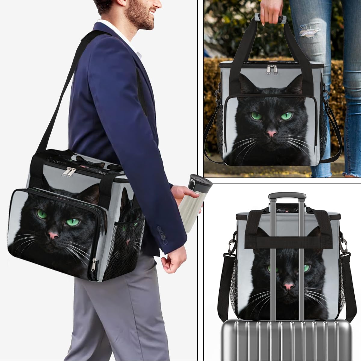 Black Cat Green Eyes Portable Coffee Maker Carrying Bag Compatible with Keurig K-Mini or K-Mini Plus - Travel Storage Tote with K-Cup Pod Pockets for Single Serve Coffee Brewer