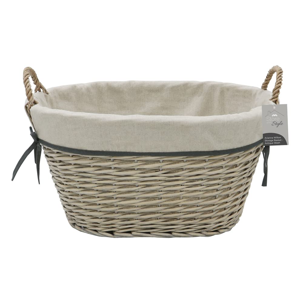 JVL Arianna Oval Tapered Willow Storage Basket, Grey Wash