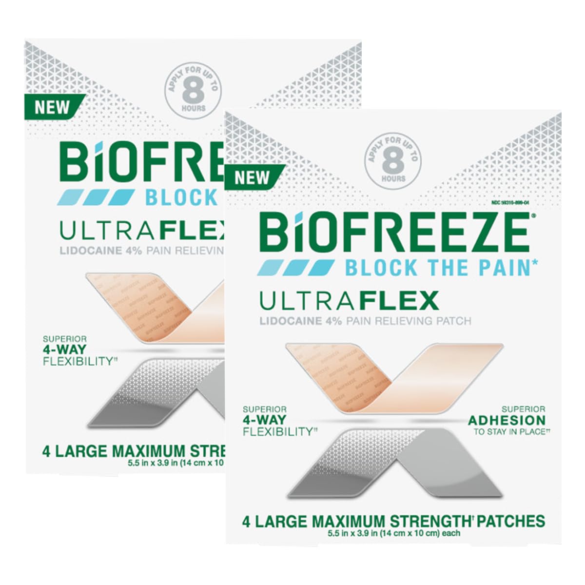 Biofreeze UltraFlex Lidocaine Patches Maximum Strength, Patented Technology, Flexible Pain Relief Patch for Lower Back, Lidocaine Patch for Neck, Knee, Shoulder, Large Patches, 4 Count (2 Pack)