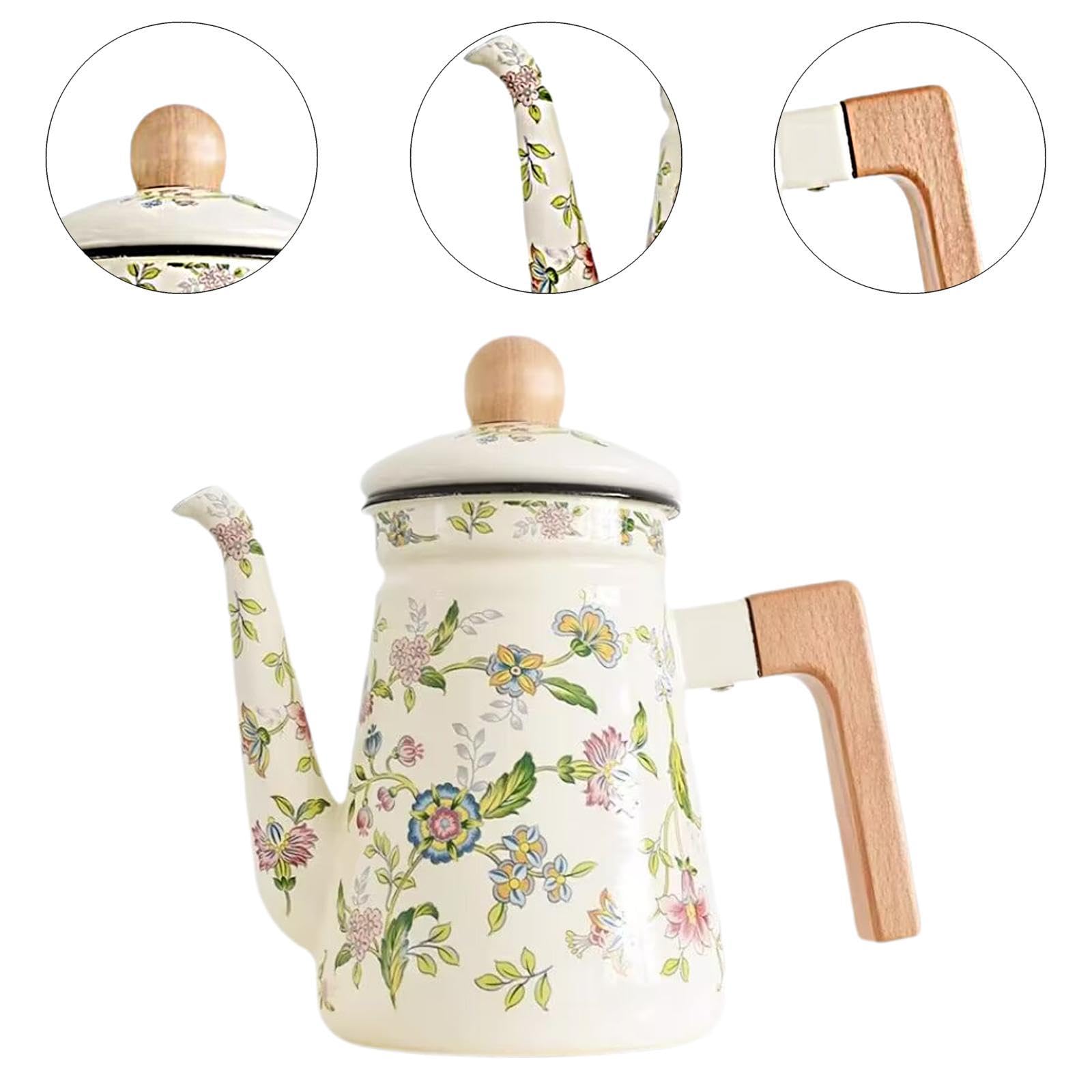 perfk Emaille-Kaffeekanne, Wasserkocher, Emaille, für Zuhause, Tee, dick, 1,2 l, Wasserkocher mit losen Blättern, für den Außenbereich, Vintage-Design,