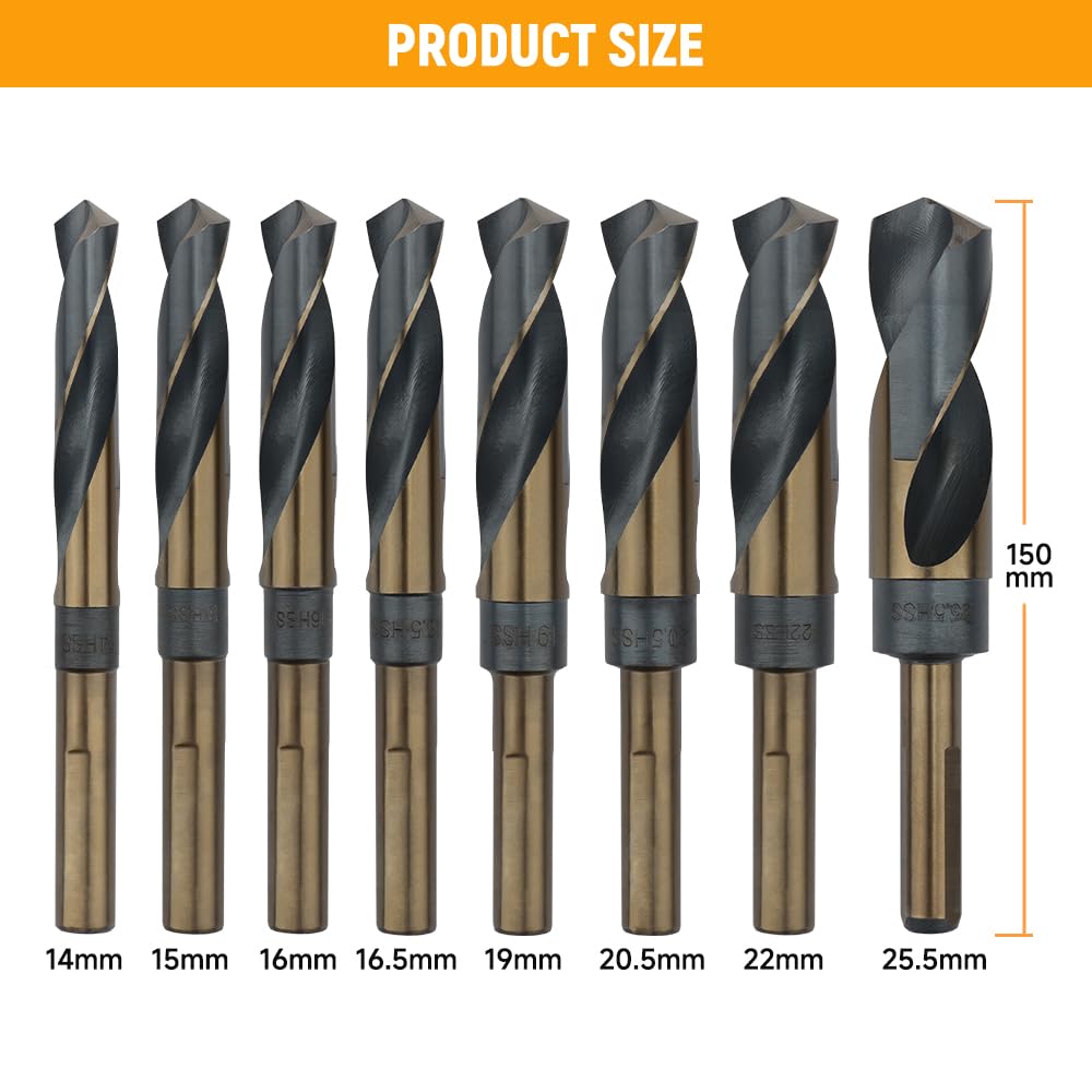 Hoteche Set di punte per trapano HSS da 1/2" – Set di punte in metallo di alta qualità con diametro di 14 – 25,5 mm – Ideale per acciaio inossidabile, acciaio cromato e tubi quadrati, confezione in