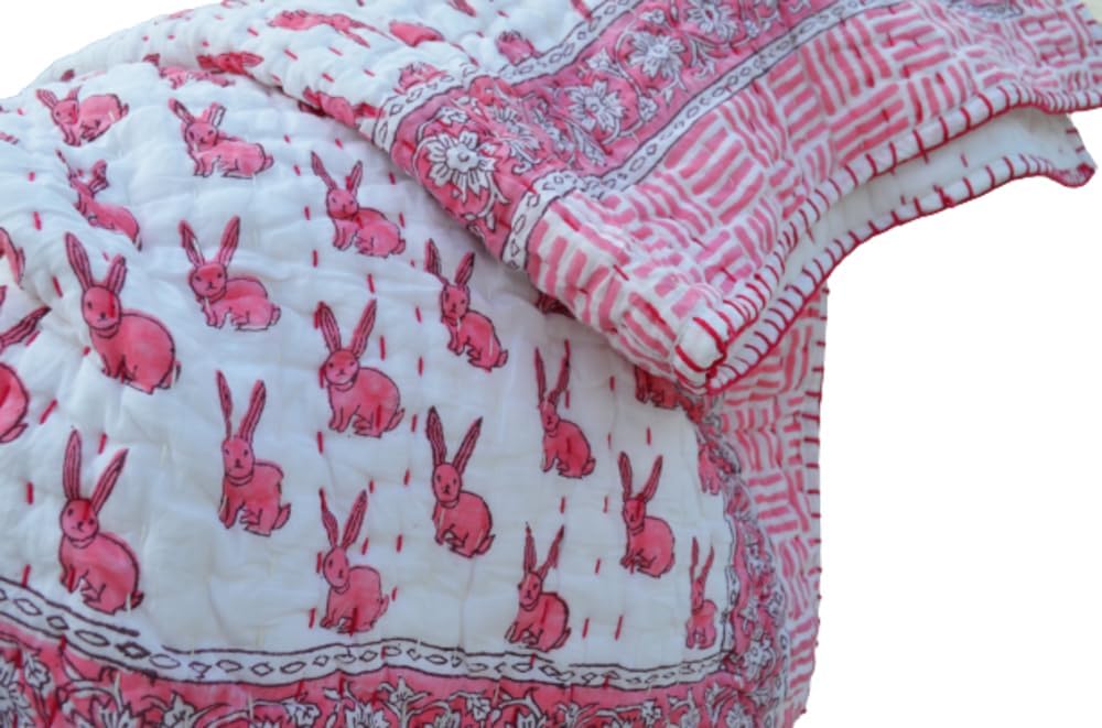 Aashita Creations Toddler Hand Work Kantha Cotton Baby Quilt, Bedspread Throw Floral Printed Baby Quilt_1022