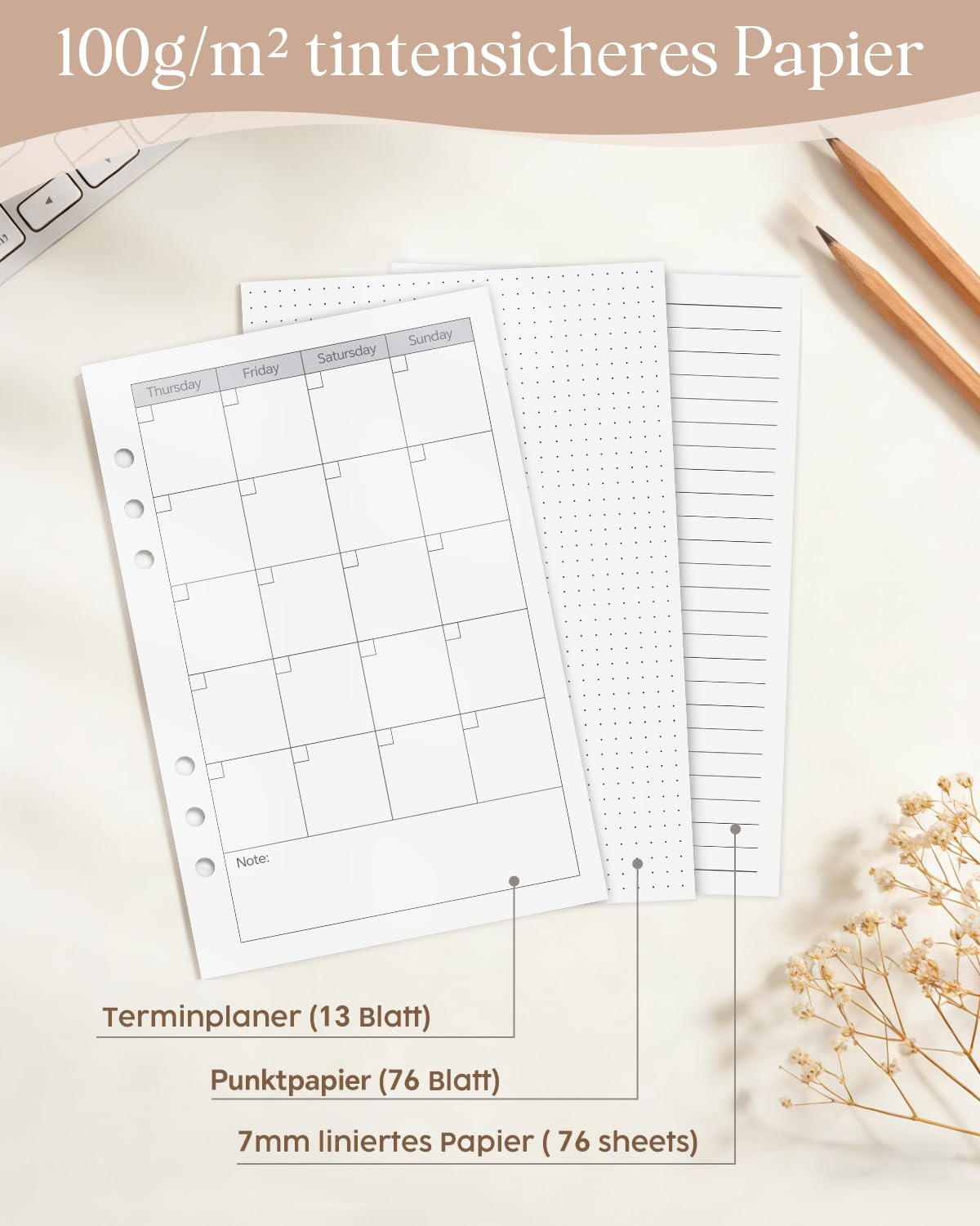 Ringbuch A5 Nachfüllbar Set – 165 Blatt (Liniert, Gepunktet & Wochenplaner), Taschen & Register – Premium PU-Leder Notizbuch & Organizer A5 für Büro, Schule & Reisen